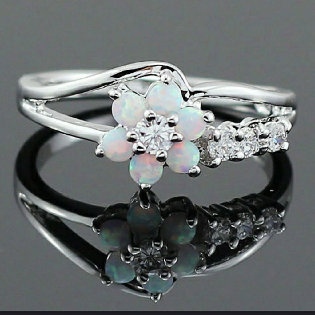White Fire Opal Flower Ring